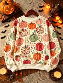 Tween Girl Halloween Thanksgiving Pumpkin Print Sweatshirt - Multicolor - View 2