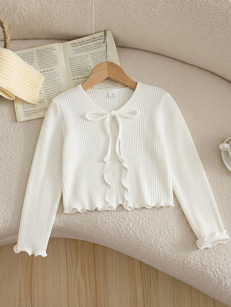 SHEIN Young Girl Young Girl Casual Daily Knitted Bow Tie Tie-Up White Slim Fit Open Front Long Sleeve Autumn Top - White - View 2