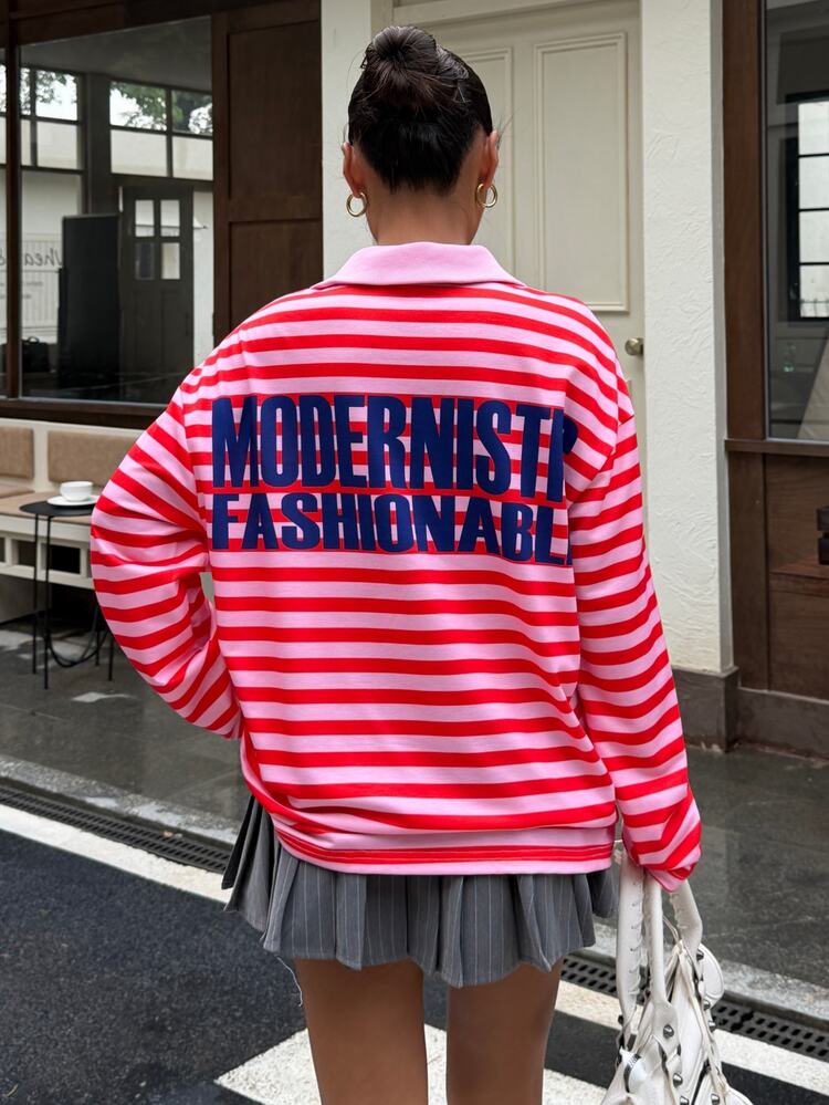 Muchica Women's Casual Pink Polo Collar Loose T-Shirt, Red Stripe Design, Summer Street Style, College Style Vintage Short Sleeve Top (With Blue Letter Print) Women's Holiday Outfit, Suitable For Party, Christmas, New Year, Thanksgiving, Party, Wedding, Graduation Ceremony, Elegant, Outing, Date, Elegant, Y2K, Graduation Ceremony, Etc. - Multicolor - View 2