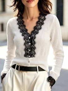 valorelle valorelle V-Neck Patchwork Eyelash Black And White Lace Trim Cinched Waist Long Sleeve Ribbed Cuff Single-Breasted Slim Fit Women's Thin Cardigan Office - White - View 7