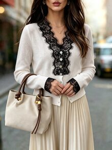 valorelle valorelle V-Neck Patchwork Eyelash Black And White Lace Trim Cinched Waist Long Sleeve Ribbed Cuff Single-Breasted Slim Fit Women's Thin Cardigan Office - White - View 5