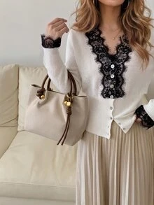 valorelle valorelle V-Neck Patchwork Eyelash Black And White Lace Trim Cinched Waist Long Sleeve Ribbed Cuff Single-Breasted Slim Fit Women's Thin Cardigan Office - White - View 6