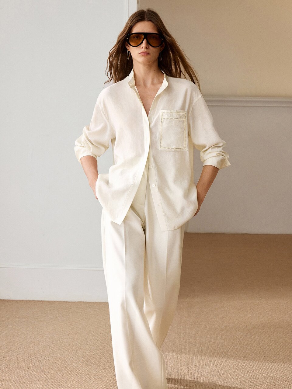 Anewsta Essential Women's Elegant Hollow Embroidery Solid Color Long Sleeve Loose Blouse, Daily Commute Shirt