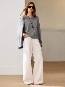 Anewsta Essential Atasan/Balutan/Jilbab Pullover 2-in-1 Warna Polos Elegan Mewah untuk Musim Gugur/Dingin, Cocok untuk Brunch atau Kerja (Abu-abu) - Grey - View 12