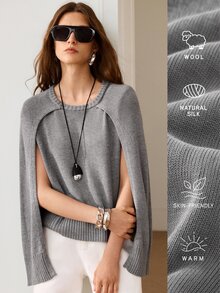 Anewsta Essential Atasan/Balutan/Jilbab Pullover 2-in-1 Warna Polos Elegan Mewah untuk Musim Gugur/Dingin, Cocok untuk Brunch atau Kerja (Abu-abu) - Grey - View 2