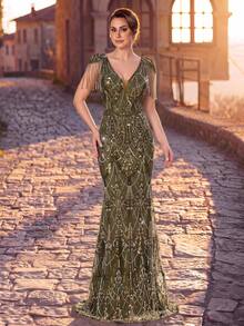 Serin Elegant Olive Green Sequin V Neck Cap Sleeve With Tassel Cinched Waist Mermaid Floor Length Mother Of The Bride Formal Evening Wedding Guest Gown - Olive Green - View 4
