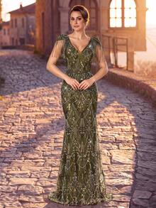 Serin Elegant Olive Green Sequin V Neck Cap Sleeve With Tassel Cinched Waist Mermaid Floor Length Mother Of The Bride Formal Evening Wedding Guest Gown - Olive Green - View 7