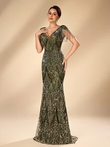 Serin Elegant Olive Green Sequin V Neck Cap Sleeve With Tassel Cinched Waist Mermaid Floor Length Mother Of The Bride Formal Evening Wedding Guest Gown - Olive Green - View 9