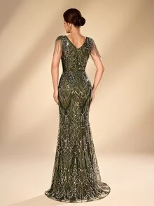 Serin Elegant Olive Green Sequin V Neck Cap Sleeve With Tassel Cinched Waist Mermaid Floor Length Mother Of The Bride Formal Evening Wedding Guest Gown - Olive Green - View 6