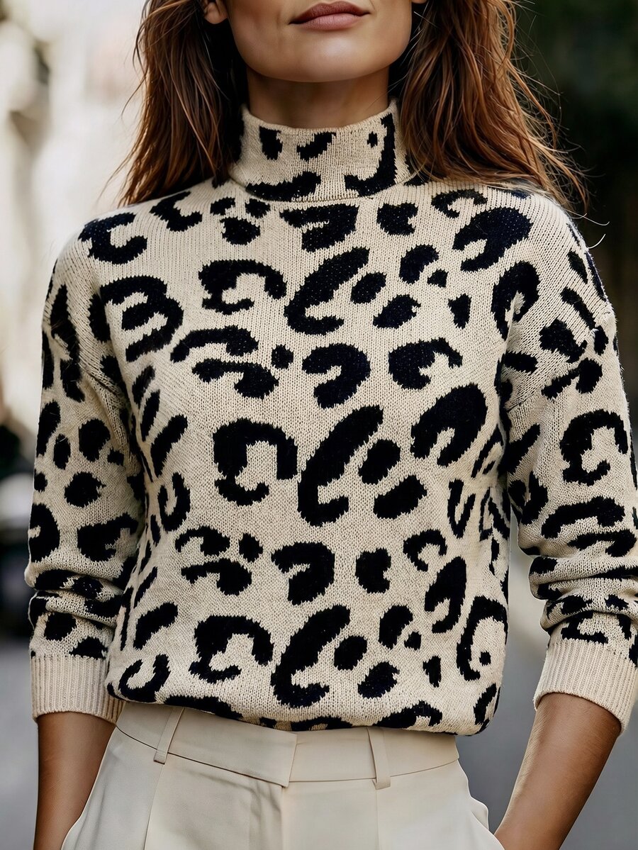 Elafinee Women Leopard Print Mock Neck Casual Long Sleeve Pullover Sweater, Long Sleeve Top Knit Pullover Fall Winter - Multicolor - View 1