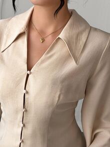 Elenzga Plus Size Women's V-Neck Long Sleeve Bell Sleeve Cinched Waist Minimalist Solid Color Versatile Blouse For Commuting And Outings Fall - Apricot - View 5