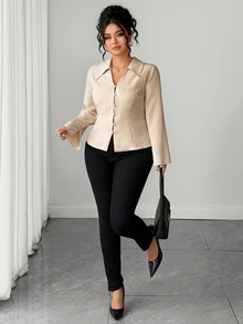 Elenzga Plus Size Women's V-Neck Long Sleeve Bell Sleeve Cinched Waist Minimalist Solid Color Versatile Blouse For Commuting And Outings Fall - Apricot - View 4