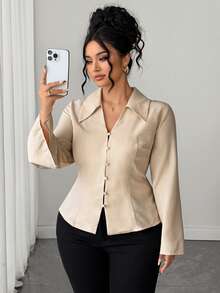 Elenzga Plus Size Women's V-Neck Long Sleeve Bell Sleeve Cinched Waist Minimalist Solid Color Versatile Blouse For Commuting And Outings Fall - Apricot - View 6