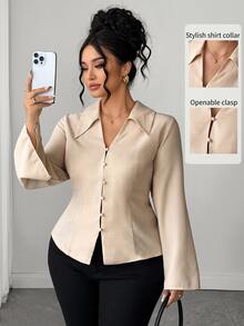 Elenzga Plus Size Women's V-Neck Long Sleeve Bell Sleeve Cinched Waist Minimalist Solid Color Versatile Blouse For Commuting And Outings Fall - Apricot - View 3