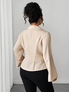 Elenzga Plus Size Women's V-Neck Long Sleeve Bell Sleeve Cinched Waist Minimalist Solid Color Versatile Blouse For Commuting And Outings Fall - Apricot - View 2
