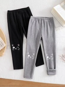 SHEIN 2件組女童內搭褲，秋冬新款可愛貓咪印花，彈性腰頭，保暖刷毛，適合日常休閒穿著 - 彩色 - 查看 2