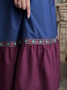 Lyrianda Halloween Plus Size Women Elegant Vintage Princess Style Lace-Up Bust Contrast Color Maxi Dress, Medieval Style Fitted Bodice A-Line - Navy Blue - View 7