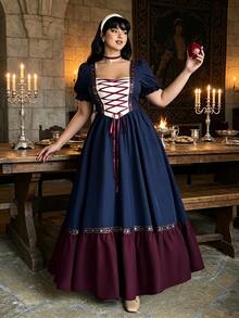 Lyrianda Halloween Plus Size Women Elegant Vintage Princess Style Lace-Up Bust Contrast Color Maxi Dress, Medieval Style Fitted Bodice A-Line - Navy Blue - View 8