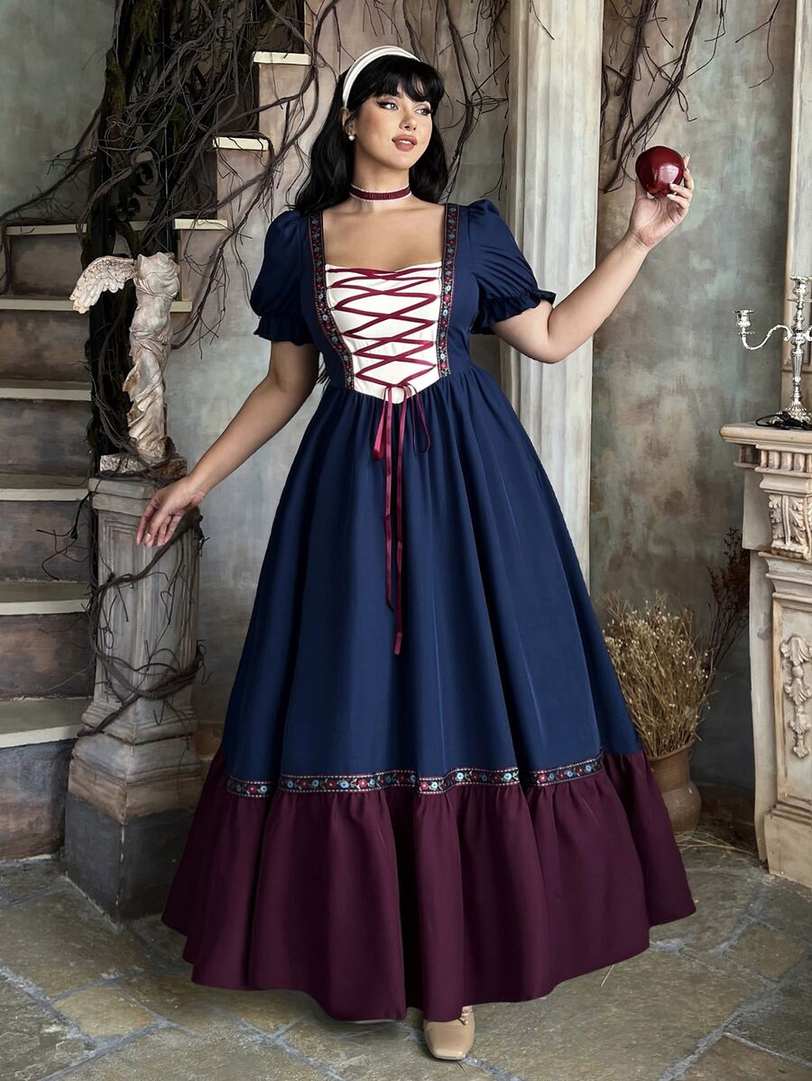 Lyrianda Halloween Plus Size Women Elegant Vintage Princess Style Lace-Up Bust Contrast Color Maxi Dress, Medieval Style Fitted Bodice A-Line - Navy Blue - View 1