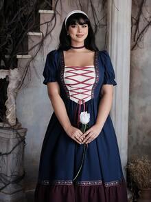 Lyrianda Halloween Plus Size Women Elegant Vintage Princess Style Lace-Up Bust Contrast Color Maxi Dress, Medieval Style Fitted Bodice A-Line - Navy Blue - View 3