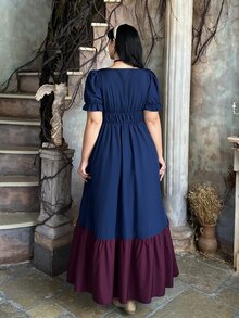 Lyrianda Halloween Plus Size Women Elegant Vintage Princess Style Lace-Up Bust Contrast Color Maxi Dress, Medieval Style Fitted Bodice A-Line - Navy Blue - View 2