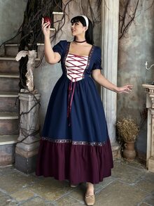 Lyrianda Halloween Plus Size Women Elegant Vintage Princess Style Lace-Up Bust Contrast Color Maxi Dress, Medieval Style Fitted Bodice A-Line - Navy Blue - View 4