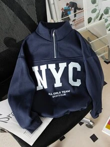 SHEIN 1件青少年女孩拉鍊半開式寬鬆落肩抓絨衛衣，大字母圖案印花，羅紋袖口與下擺，長袖 - 藏蓝色 - 查看 2