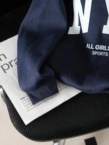 SHEIN 1件青少年女孩拉鍊半開式寬鬆落肩抓絨衛衣，大字母圖案印花，羅紋袖口與下擺，長袖 - 藏蓝色 - 查看 3