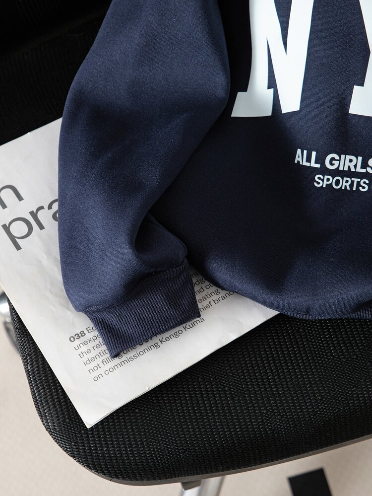 SHEIN 1 buah Sweatshirt Fleece Longgar Bahu Jatuh Setengah Terbuka untuk Anak Perempuan Remaja dengan Resleting, Cetakan Grafis Huruf Besar, Manset dan Hem Bergaris, Lengan Panjang - Navy Blue - View 2