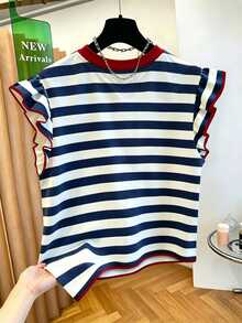 Resyla Plus Size Women's Contrast Trim Round Neck Ruffle Sleeve White Fashion Top Brunch Vacation Summer - Multicolor - View 2