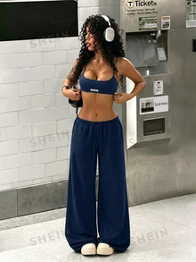 StreetHx 街頭風夏季女款圖案背心與直筒運動長褲兩件套 - 藏蓝色 - 查看 5