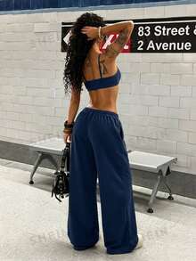 StreetHx 街頭風夏季女款圖案背心與直筒運動長褲兩件套 - 藏蓝色 - 查看 2