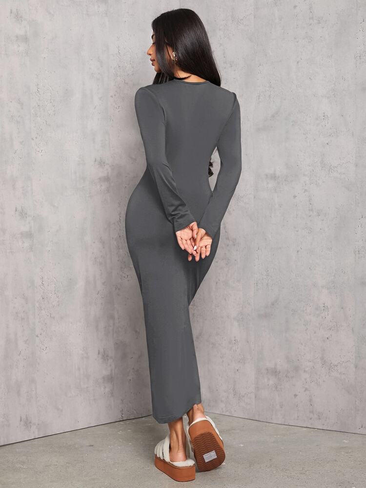 SHEIN PETITE Solid Color Pleated Waist Black Long Sleeve Dress - Dark Grey - View 2