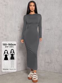 SHEIN PETITE Solid Color Pleated Waist Black Long Sleeve Dress - Dark Grey - View 1