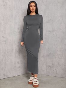 SHEIN PETITE Solid Color Pleated Waist Black Long Sleeve Dress - Dark Grey - View 8