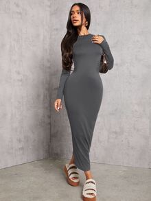 SHEIN PETITE Solid Color Pleated Waist Black Long Sleeve Dress - Dark Grey - View 5