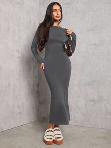SHEIN PETITE Solid Color Pleated Waist Black Long Sleeve Dress - Dark Grey - View 6
