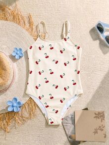 SHEIN Young Girls' Minimalist Casual Spaghetti Strap One-Piece Swimwear, Suitable For Summer - Multicolor - View 2