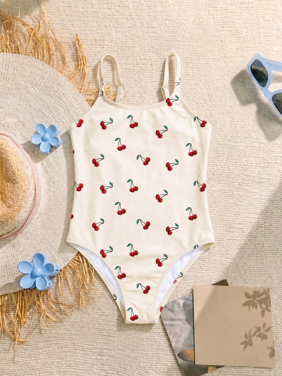 SHEIN Young Girls' Minimalist Casual Spaghetti Strap One-Piece Swimwear, Suitable For Summer