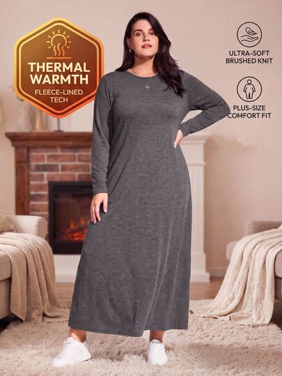 SHEIN BASICS Gaun Maxi Lengan Panjang Abu-abu Ukuran Besar Kasual Sederhana Longgar untuk Wanita Nyaman untuk Kantor, Santai, Formal, Liburan, Rumah, Musim Gugur