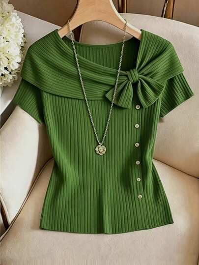 GlowEve Women's Solid Color Bow Decor Short Sleeve Button Design Casual T-Shirt