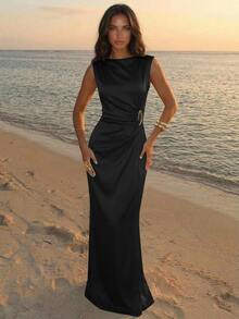 Aloruh Light Green Satin Long Dress With Asymmetric Shoulder And Metal Decoration, Elegant And Romantic Goddess Style - Black - View 6