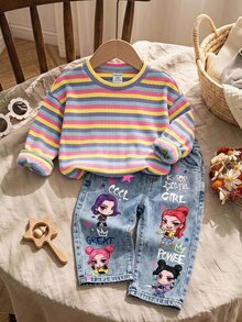SHEIN Baby Girl Casual Daily Long Pants With Pocket, Letter And Cartoon Pattern,Suitable For Autumn And Winter - Multicolor - View 3
