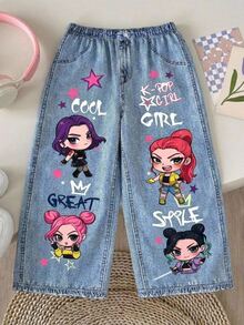 SHEIN Baby Girl Casual Daily Long Pants With Pocket, Letter And Cartoon Pattern,Suitable For Autumn And Winter - Multicolor - View 1