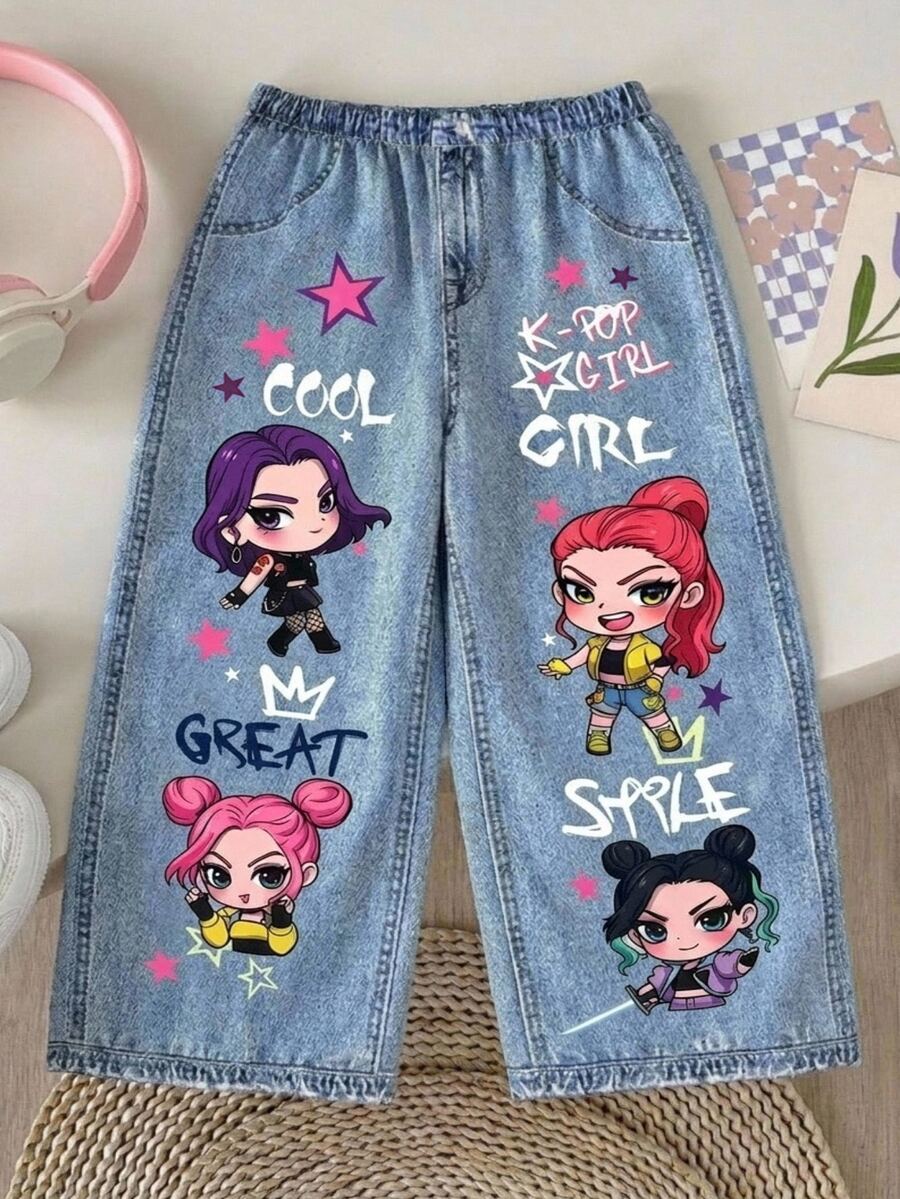 SHEIN Baby Girl Casual Daily Long Pants With Pocket, Letter And Cartoon Pattern,Suitable For Autumn And Winter - Multicolor - View 1