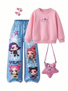 SHEIN Baby Girl Casual Daily Long Pants With Pocket, Letter And Cartoon Pattern,Suitable For Autumn And Winter - Multicolor - View 2