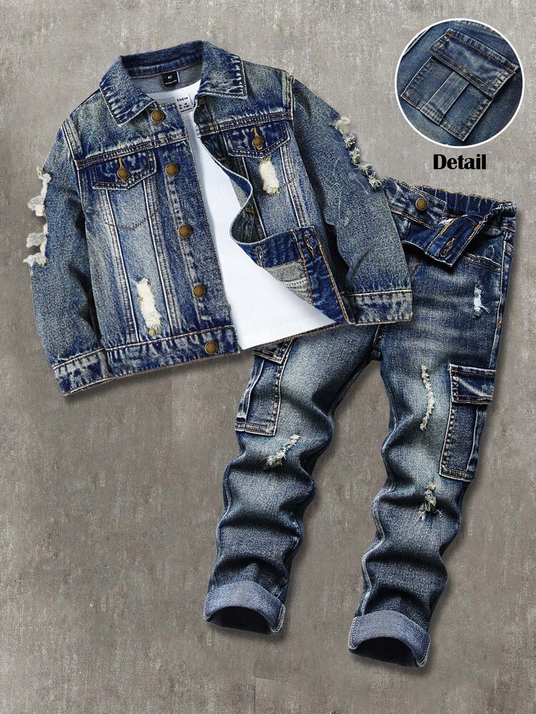 SHEIN Kids 2Pcs/Set Young Boy Distressed Vintage Basic Frayed Blue Denim Long-Sleeved Jacket And Cargo Jeans, Fall/Winter , For Young Boys Back To School - Dark Wash - View 1