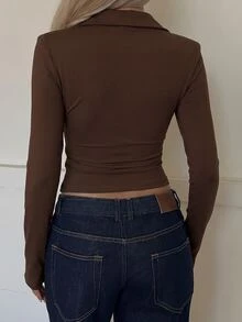 SHEIN EZwear 白色針織修身女款T恤 - 棕色 - 查看 2