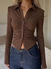 SHEIN EZwear 白色針織修身女款T恤 - 棕色 - 查看 4