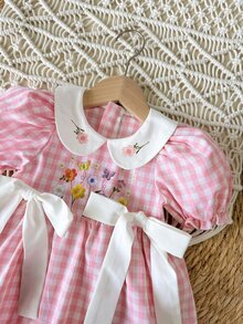SHEIN 女婴可爱碎花格子蝴蝶结装饰连体衣，夏季 - 粉色 - 查看 2